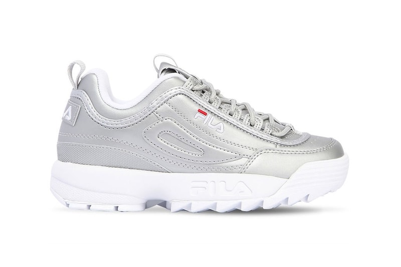 FILA Metallic Silver Disruptor 2 Sneaker Grey Shiny Dad Shoe Chunky Bulky Trainer '90s affordable womens where to buy
