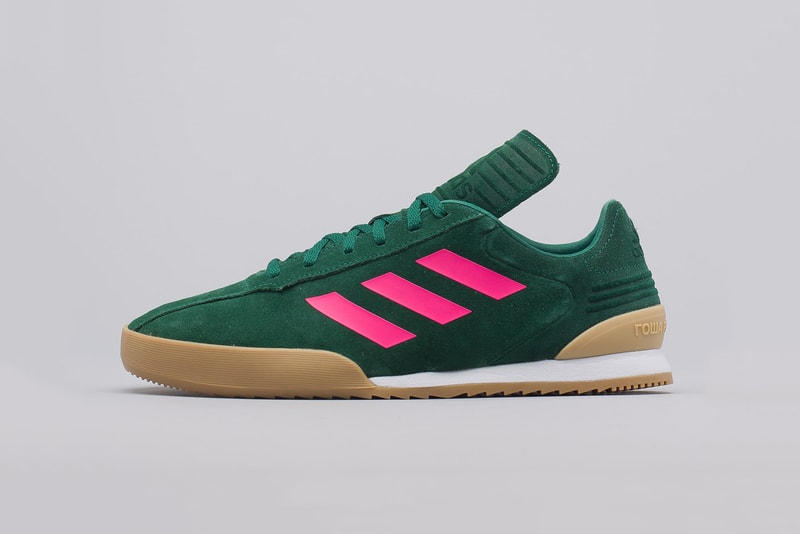 gosha rubchinskiy adidas copa trainers green pink gum white side view profile
