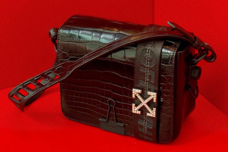 Off White Binder Clip Bag Crocodile Black