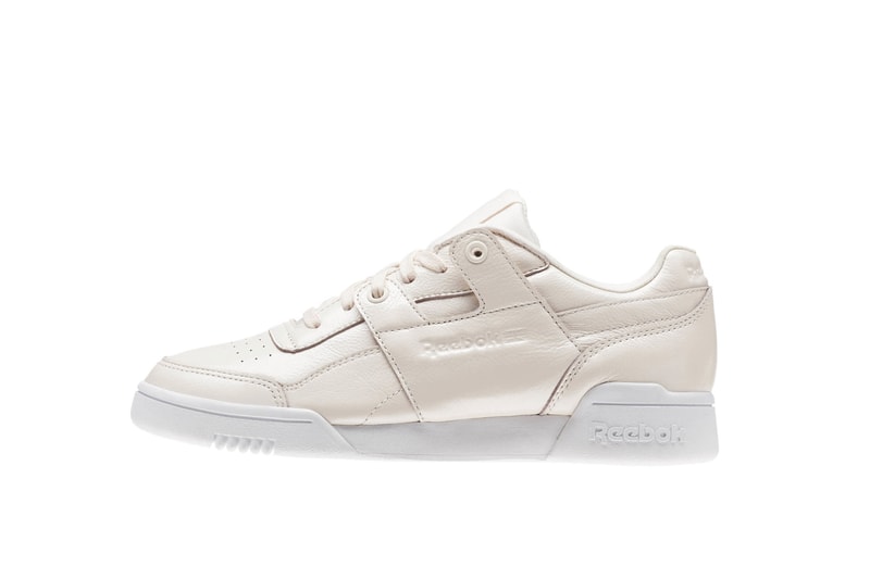 Reebok Workout Plus in "Pale Pink/White" Sneaker Shoe Iridescent Pearl Shine Classic Silhouette