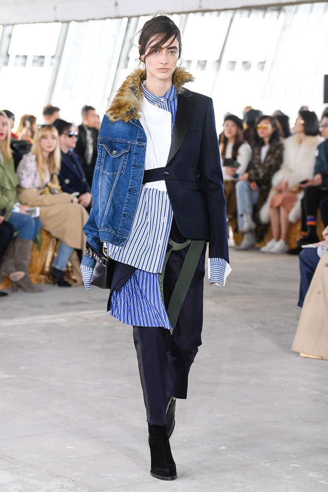 Sacai Fall Winter 2018 Paris Fashion Week Show Collection Striped Shirt Denim Jacket Blazer Brown Blue White