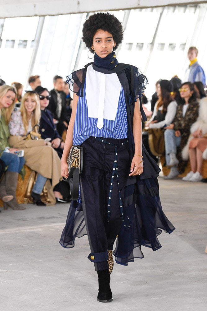 Sacai Fall Winter 2018 Paris Fashion Week Show Collection Cotton Shirt Trousers White Blue