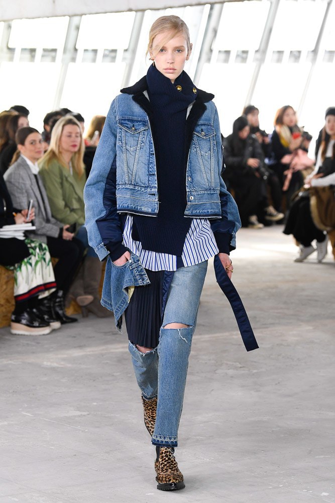 Sacai Fall Winter 2018 Paris Fashion Week Show Collection Sweater Denim Jacket Striped Shirt Blue