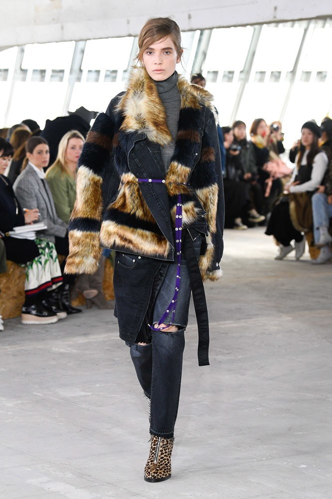 Sacai Fall Winter 2018 Paris Fashion Week Show Collection Denim Jacket Fur Brown Black