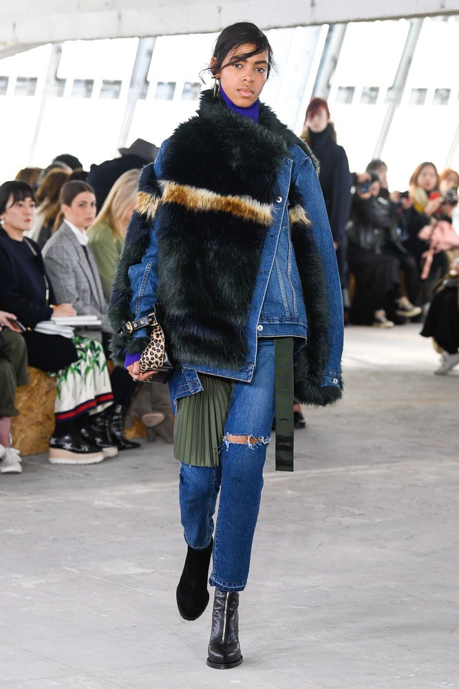 Sacai Fall Winter 2018 Paris Fashion Week Show Collection Denim Jacket Fur Blue Brown Black
