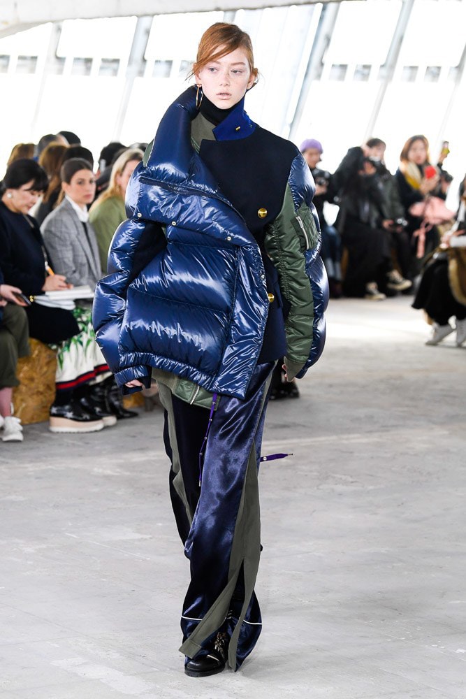 Sacai Fall Winter 2018 Paris Fashion Week Show Collection Puffer Coat Trousers Green Blue
