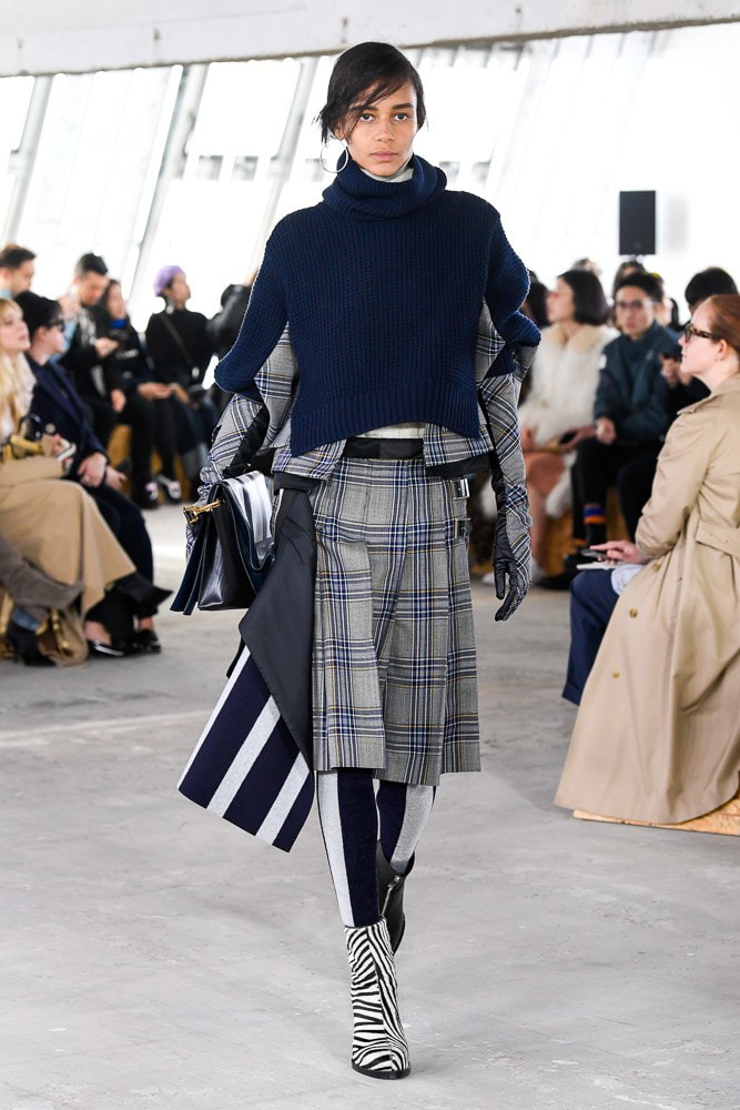 Sacai Fall Winter 2018 Paris Fashion Week Show Collection Plaid Sweater Skirt Grey Blue