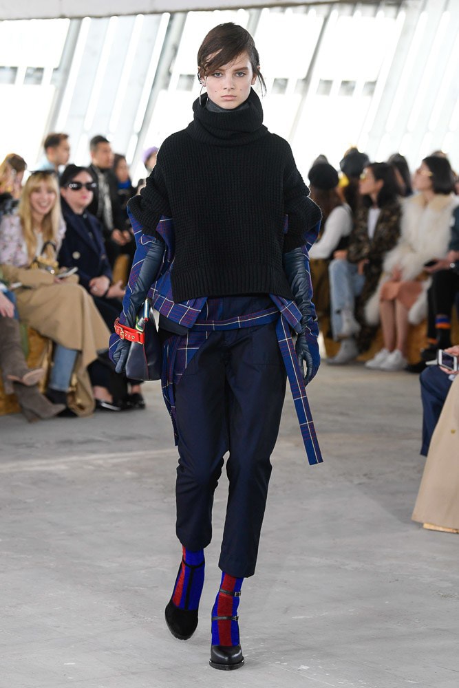 Sacai Fall Winter 2018 Paris Fashion Week Show Collection Sweater Trousers Black Blue
