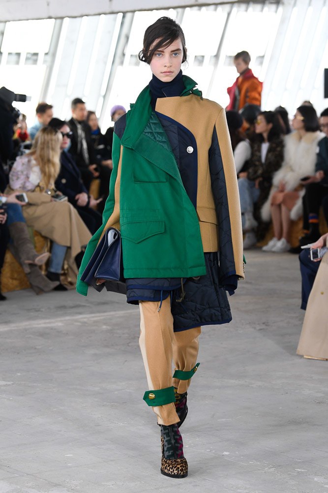 Sacai Fall Winter 2018 Paris Fashion Week Show Collection Jacket Trousers Green Tan