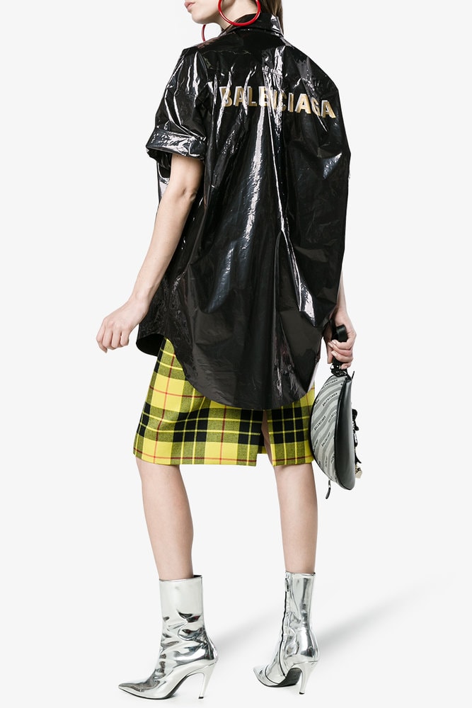 Balenciaga Black Bin Bag Trash inspired Logo  Oversized Short Sleeve Shirt Vinyl Plastic Metallic Gold Where to Buy Demna Gvasalia Browns SSENSE