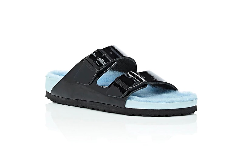 Barneys New York Birkenstock Arizona Fur Patent Leather Double Buckle Sandals Pastel Black Blue Exclusive Price Release Where to Buy Furry