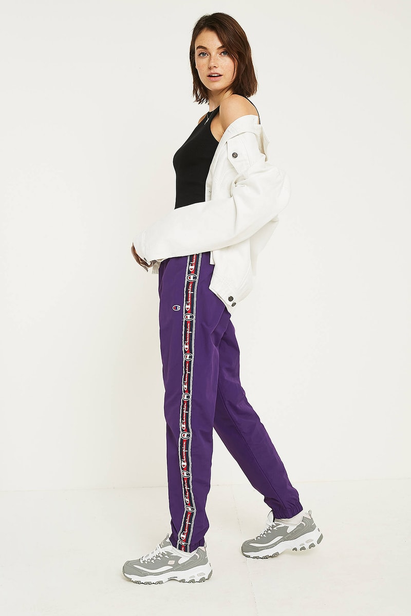 Champion Purple Logo Taped 90s Track Pants Retro Women's Athleisure Where to Buy urban outfitters