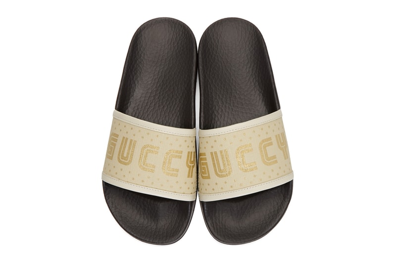 Gucci Bootleg GUCCY Retro Sega Logo Slides White Mystic where to buy ssense '80s