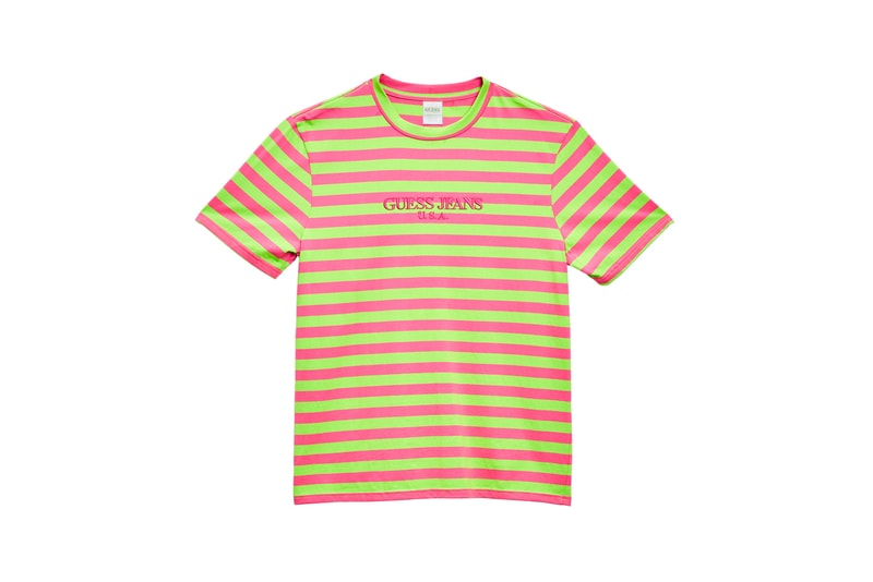 GUESS Jeans U.S.A. Farmers Market Capsule Collection Striped T-Shirt Green Pink