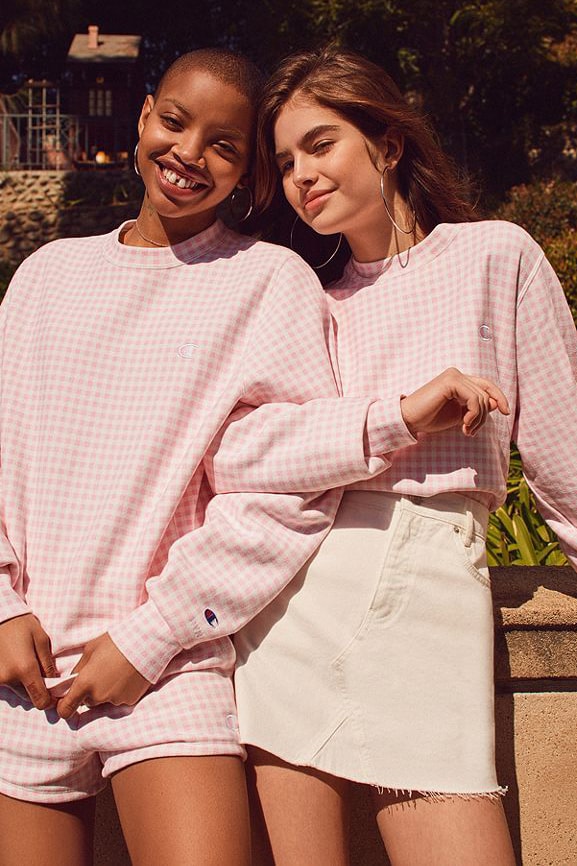 HVN Champion Gingham Crewneck Sweatshirt Track Shorts Rose Pink