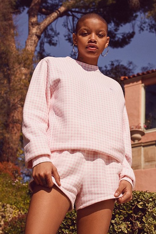 HVN Champion Gingham Crewneck Sweatshirt Track Shorts Rose Pink
