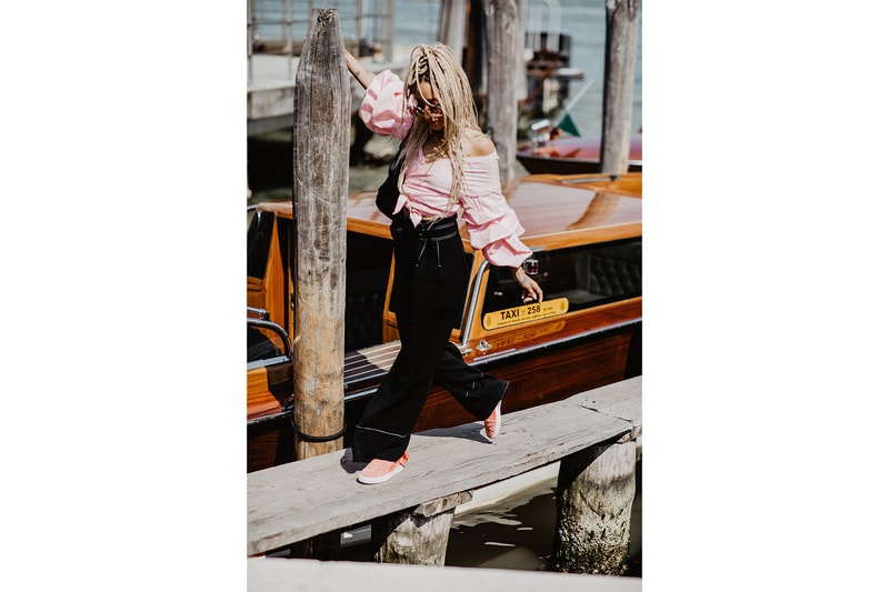 PUMA suede bow pastel blush pink sneaker satin ribbon cara delevingne emma louise connolly sophie apollonia campaign venice italy women's where to buy