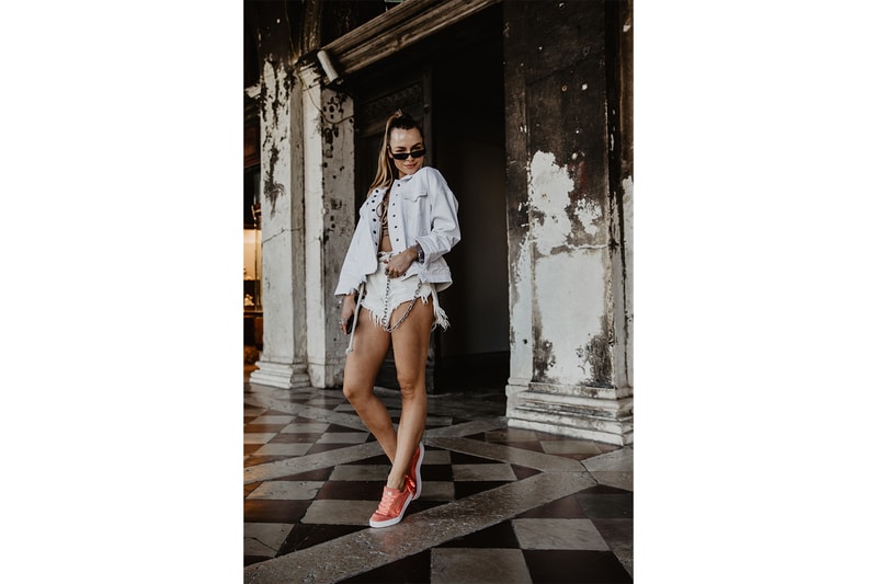 PUMA suede bow pastel blush pink sneaker satin ribbon cara delevingne emma louise connolly sophie apollonia campaign venice italy women's where to buy