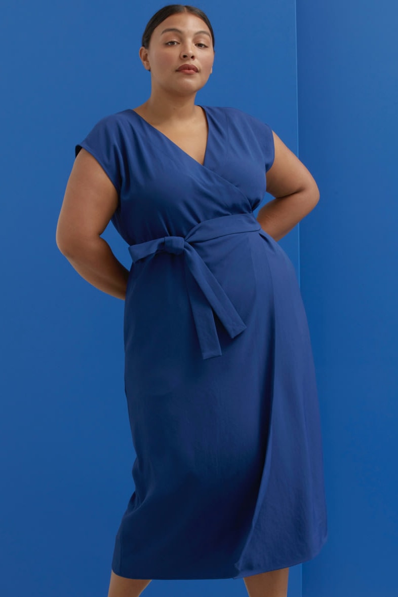 Everlane $100 Wrap Dress Red Yellow Pale Pink Blue