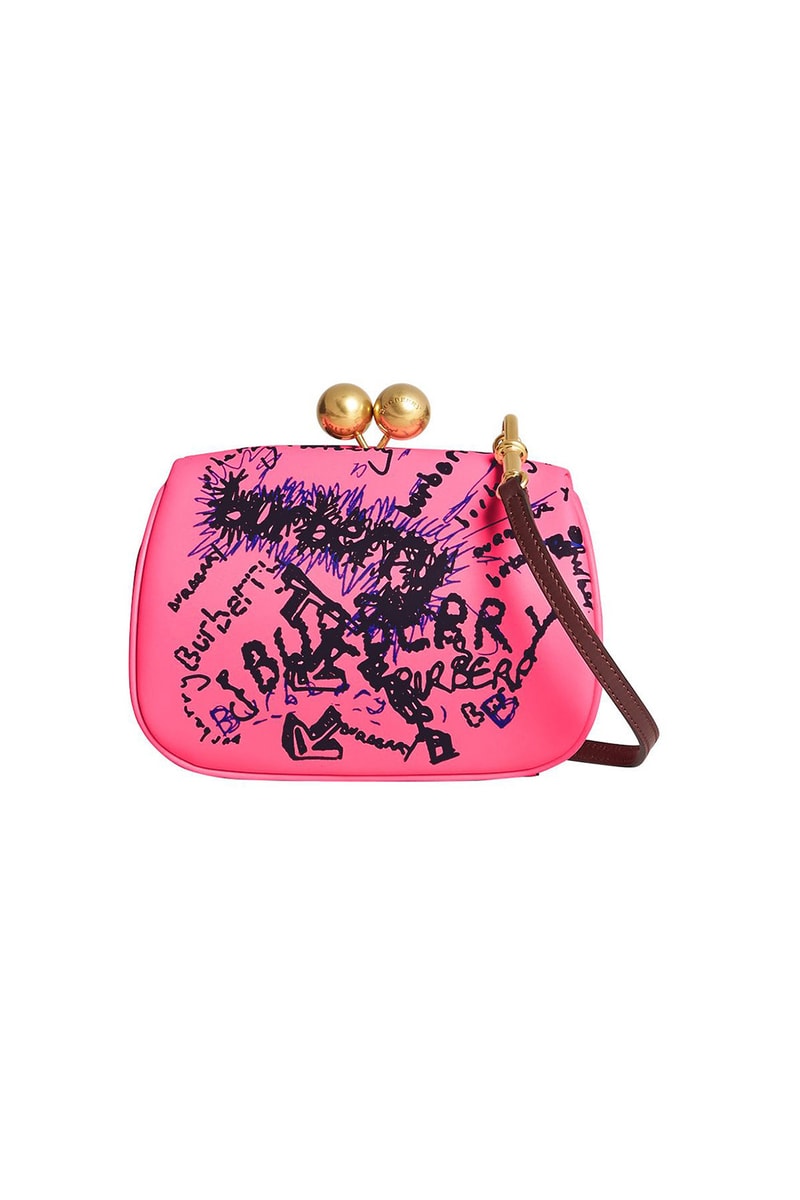 burberry neon pink doodle print clutch bag detachable strap gold hardware