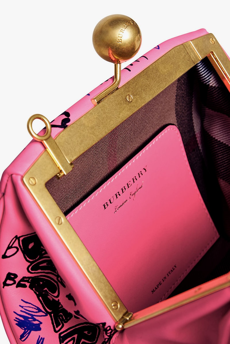 burberry neon pink doodle print clutch bag gold hardware interior compartment leather