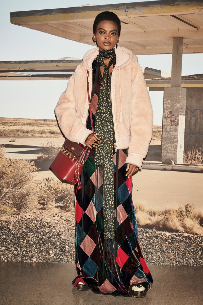 Coach 1941 Resort 2019 Collection Lookbook Checkered Dress Fur Jacket Red Green Tan