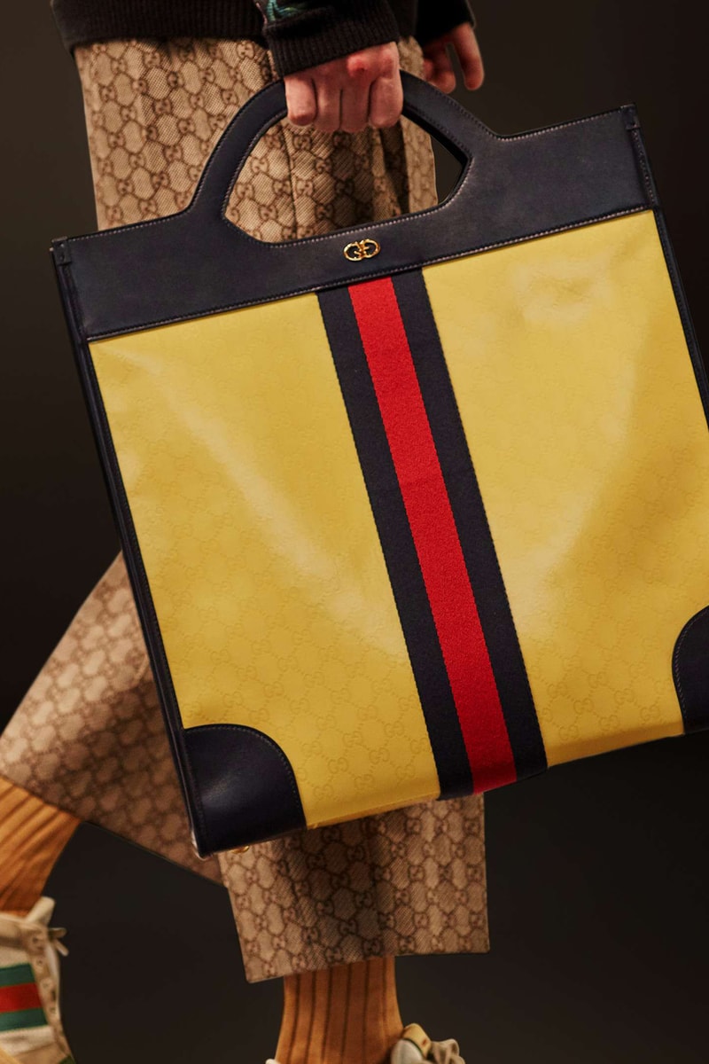 Gucci Cruise 2019 Runway Details Yellow Tote Bag GG Logo Print Pants Sneakers
