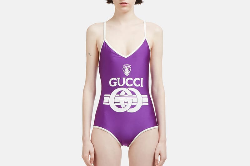 Hit the Pool in Style With Gucci's Purple Retro Logo Swimsuit