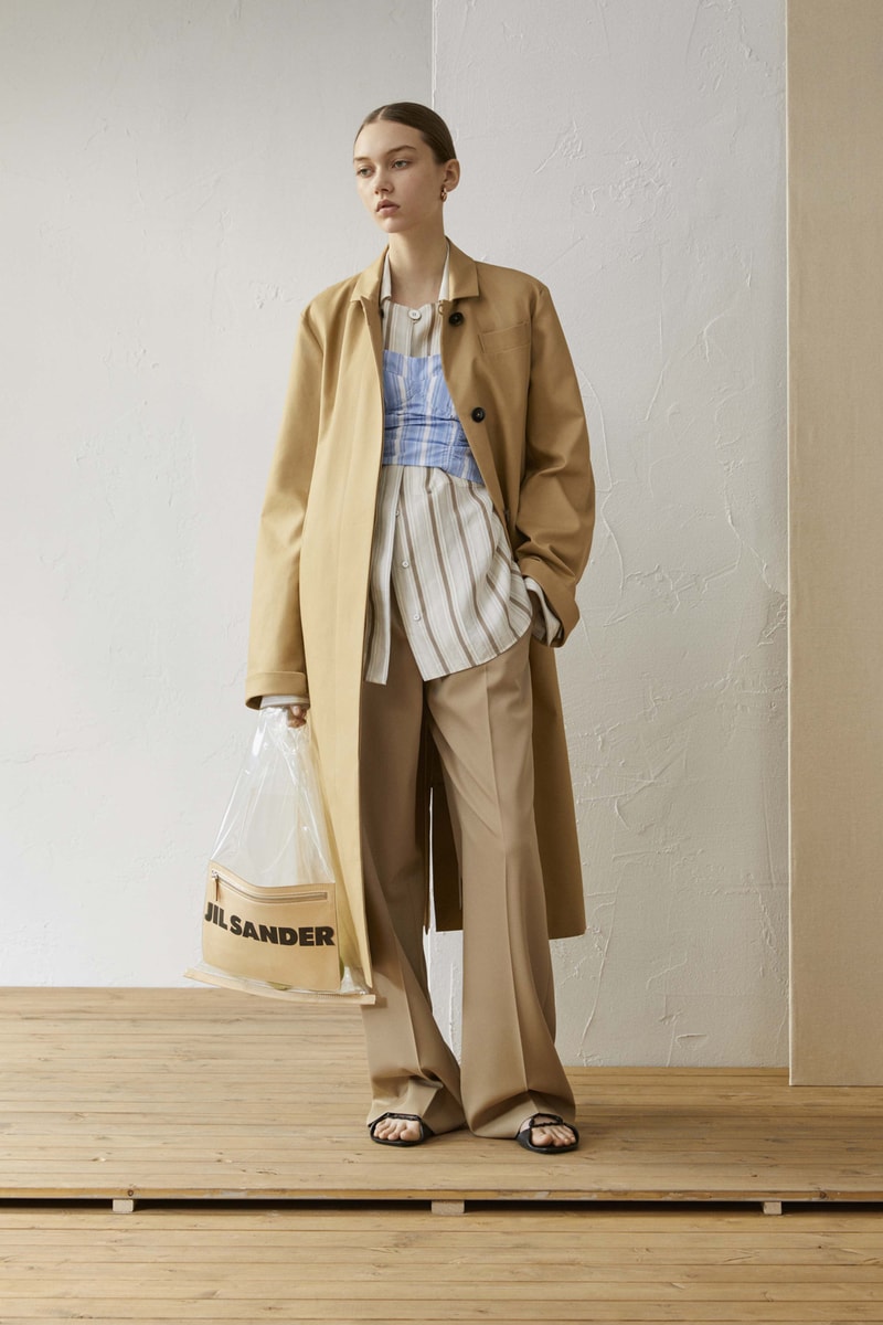Jil Sander Resort 2019 Collection Lookbook Coat Striped Shirt Pants Khaki White Blue