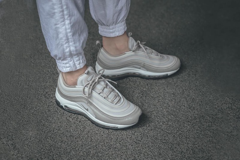 nike air max 97 ultra moon particle leather canvas mesh on foot cement concrete white track pants
