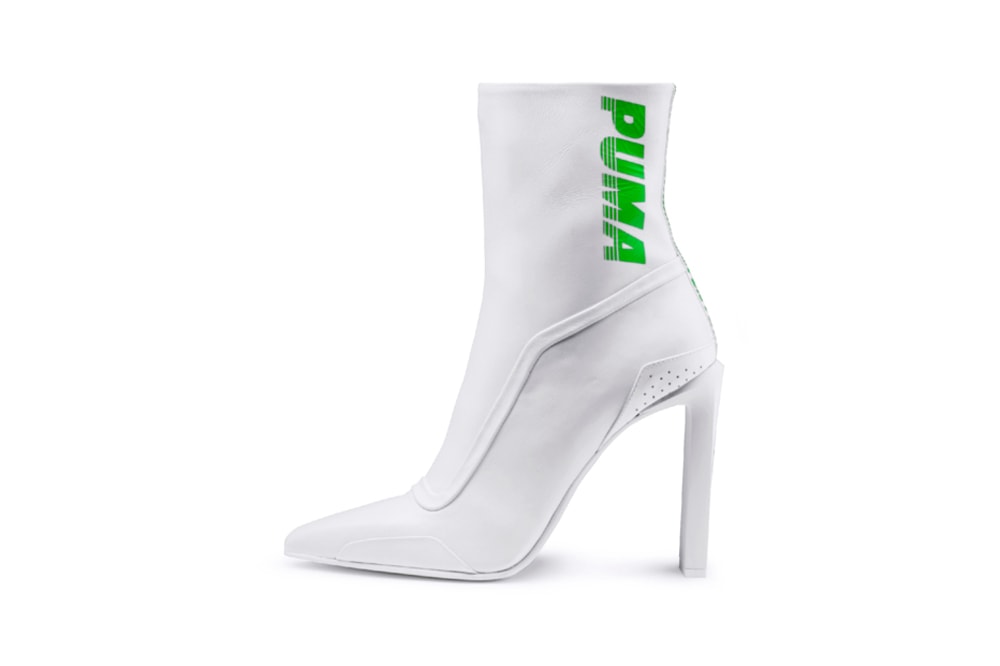 Fenty PUMA by Rihanna Spring/Summer 2018 Leather Pointed Toe Racing Booties Bra Pants Shirt White Green Blue