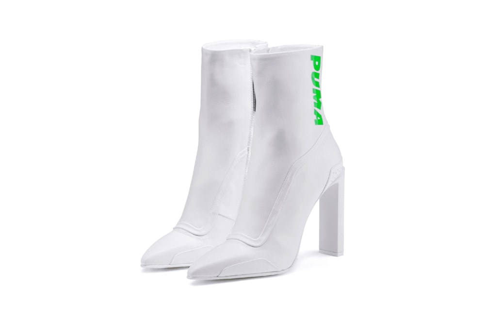 Fenty PUMA by Rihanna Spring/Summer 2018 Leather Pointed Toe Racing Booties Bra Pants Shirt White Green Blue