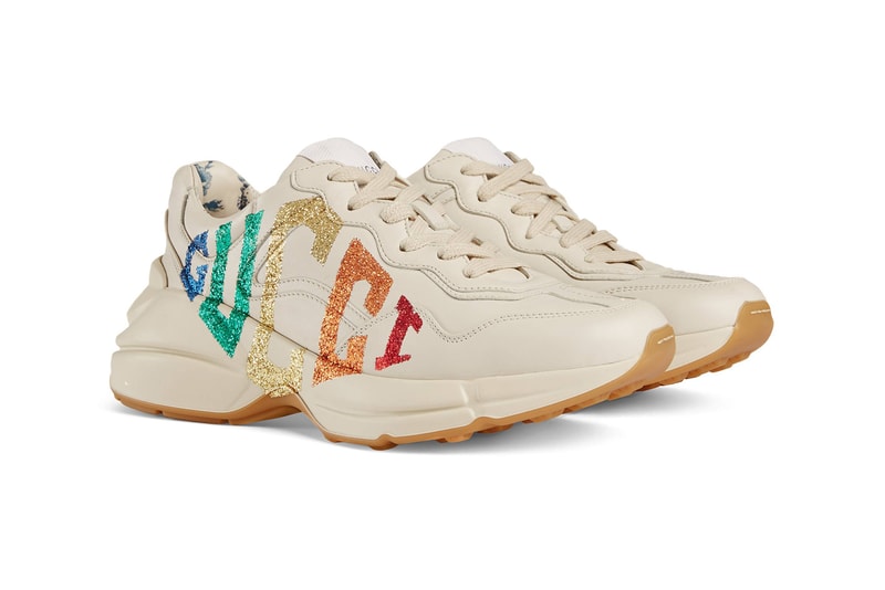 Gucci Rainbow Glitter Logo Rhyton Chunky White Leather Sneakers