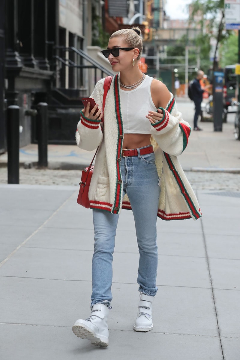 Hailey Baldwin Gucci Cardigan White Red Green Cable Knit Crop Top Supreme Louis Vuitton Bag Celine Sunglasses Hoop Earrings Gold