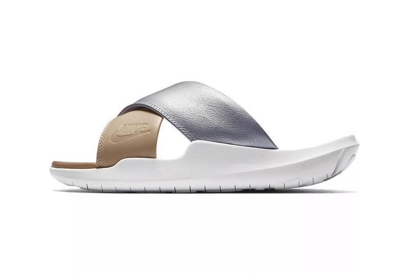 Nike Benassi Future Cross Slides Crossover Straps Metallic Silver Bio Beige