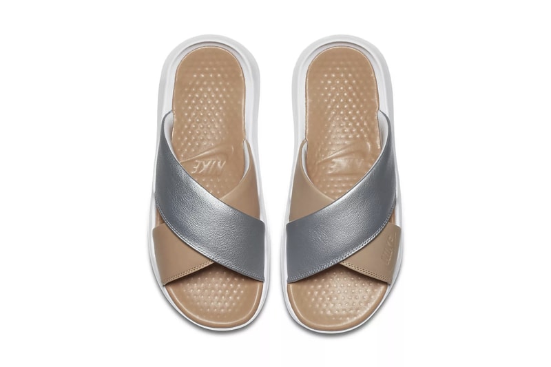 Nike Benassi Future Cross Slides Crossover Straps Metallic Silver Bio Beige