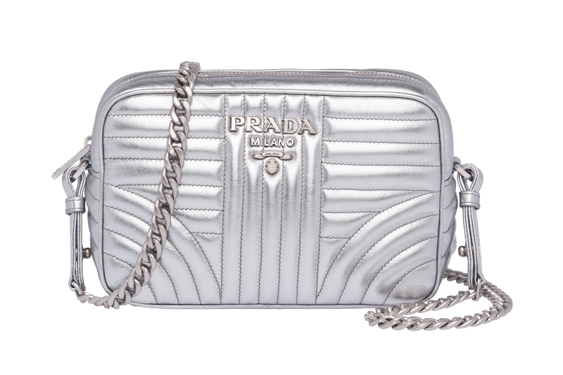Prada Releases Metallic Diagramme Shoulder Bag Periwinkle Blue Silver Chrome Champagne Pyrite