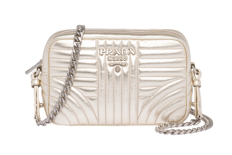 Prada Releases Metallic Diagramme Shoulder Bag Periwinkle Blue Silver Chrome Champagne Pyrite