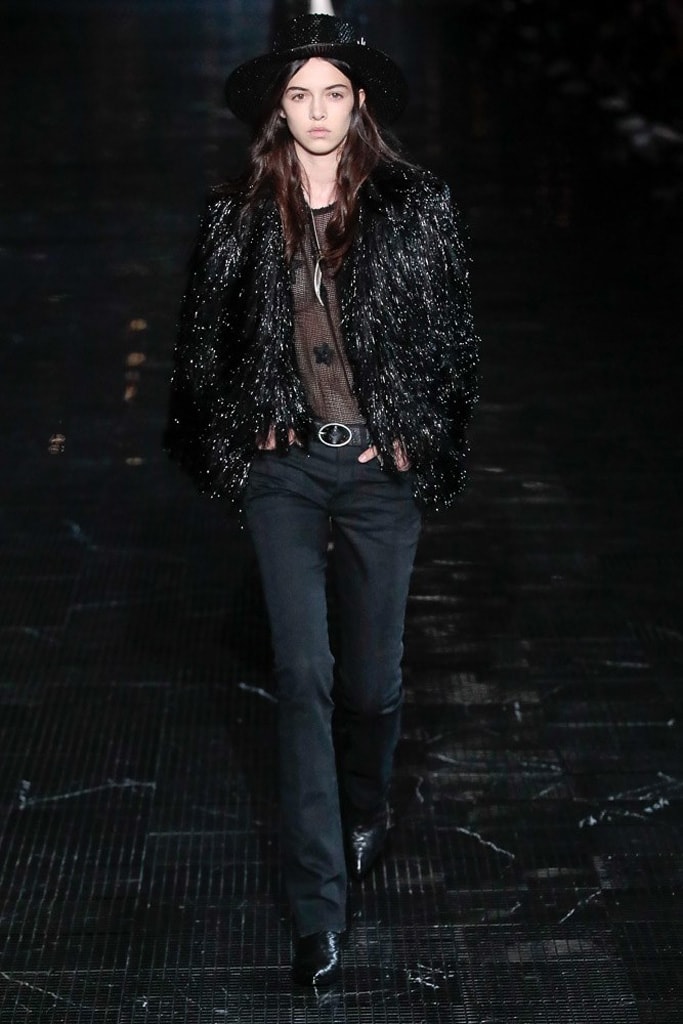 Saint Laurent Spring 2019 Menswear Runway Show Kaia Gerber Binx Walton Unisex Fashion Week Collection Rock Accessories Leather Texture
