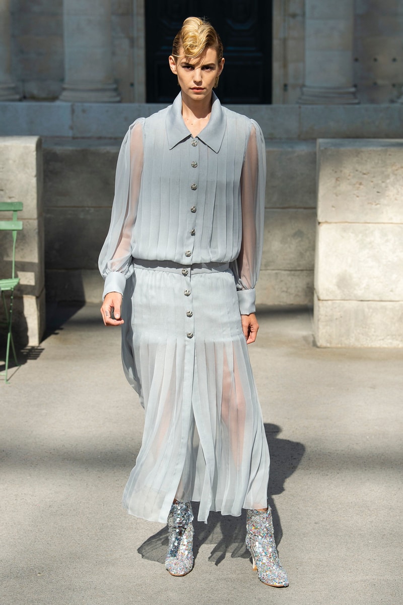 Chanel Fall 2018 Couture Show Collection Top Skirt Light Blue Boots Grey