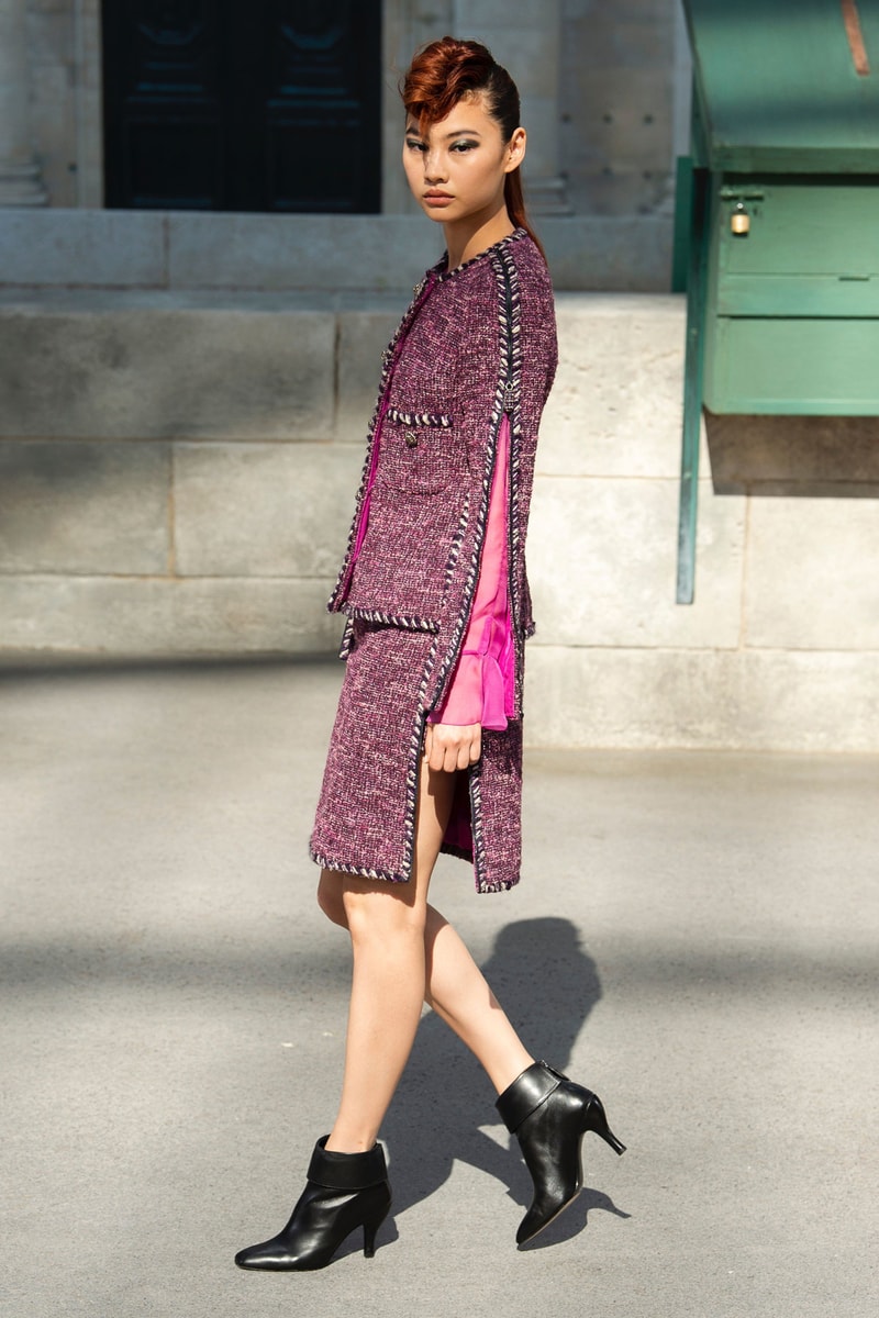 Chanel Fall 2018 Couture Show Collection Jacket Skirt Hat Magenta Boots Black