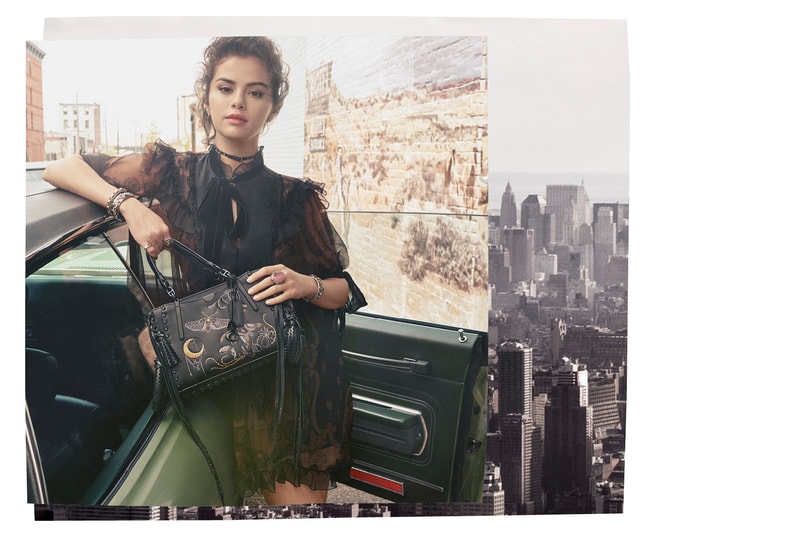 Selena Gomez Coach Fall 2018 Campaign Floral Dress Brown Tattoo Dreamer Bag Black