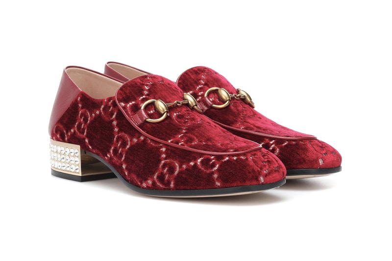 Gucci Red Velvet GG Logo Loafers Crystal Embellished Heel