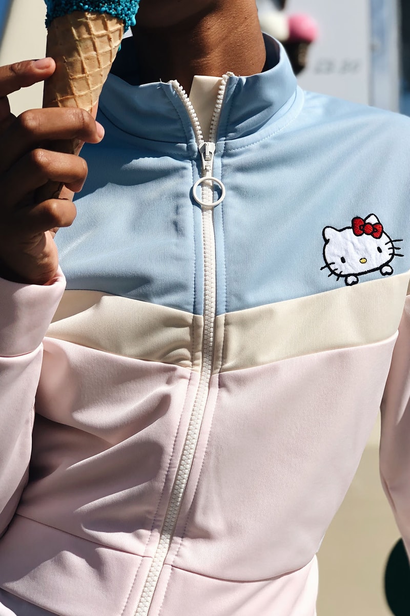 Hello Kitty ASOS Collaboration Summer 2018 Denim Cropped Track Jacket Skirt Bow Sandals Socks