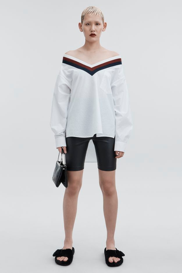 T by Alexander Wang Pre-Fall 2018 Collection Rib Trim Cotton Poplin Shirt White