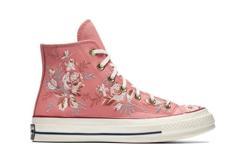 Converse Chuck 70 Leather Embroidered Floral Sneakers Turmeric Gold Punch Coral Pink Washed Denim Obsidian Blue Papyrus Beige Driftwood White