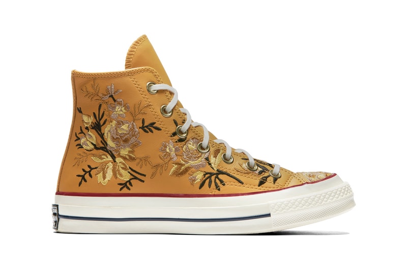 Converse Chuck 70 Leather Embroidered Floral Sneakers Turmeric Gold Punch Coral Pink Washed Denim Obsidian Blue Papyrus Beige Driftwood White