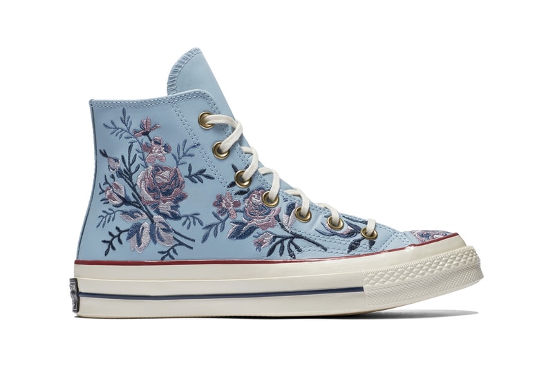Converse Chuck 70 Leather Embroidered Floral Sneakers Turmeric Gold Punch Coral Pink Washed Denim Obsidian Blue Papyrus Beige Driftwood White