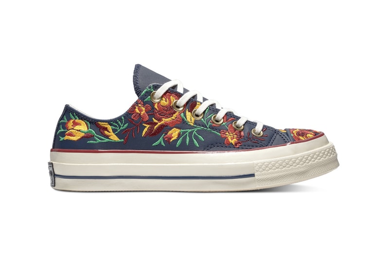 Converse Chuck 70 Leather Embroidered Floral Sneakers Turmeric Gold Punch Coral Pink Washed Denim Obsidian Blue Papyrus Beige Driftwood White