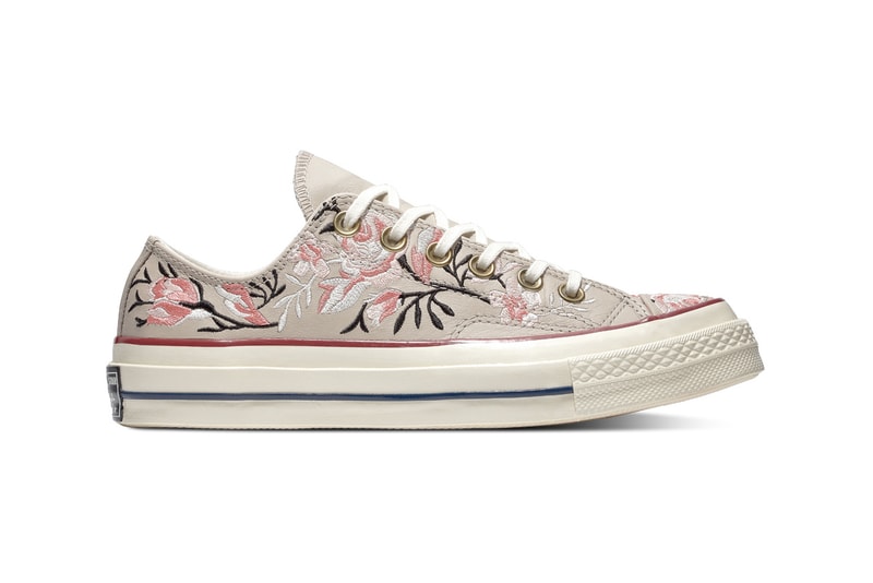 Converse Chuck 70 Leather Embroidered Floral Sneakers Turmeric Gold Punch Coral Pink Washed Denim Obsidian Blue Papyrus Beige Driftwood White